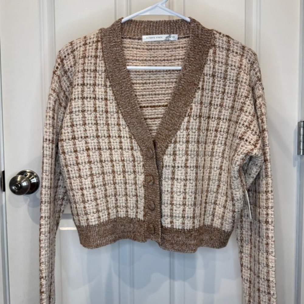 Altar'd State Brown Plaid Cropped Cardigan Sweater Size XXS Button Front V-Neck - Picture 5 of 7